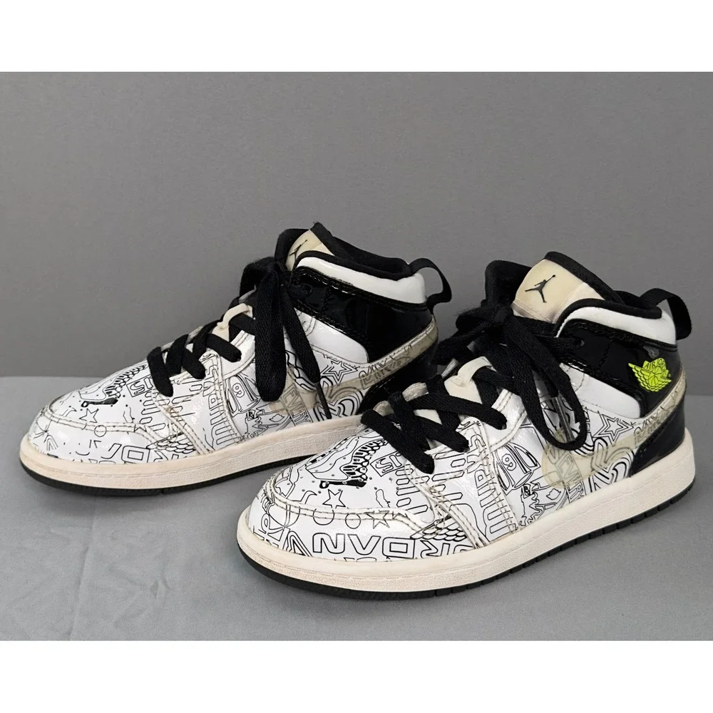 Jordan 1 Mid DIY Kids Shoes Black White Volt DC4098-100 Size 1Y